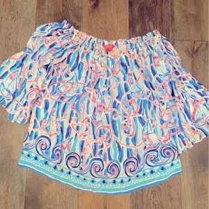 Lilly Pulitzer Nevie Off-The-Shoulder Skim Blue Reel Nauti Top L